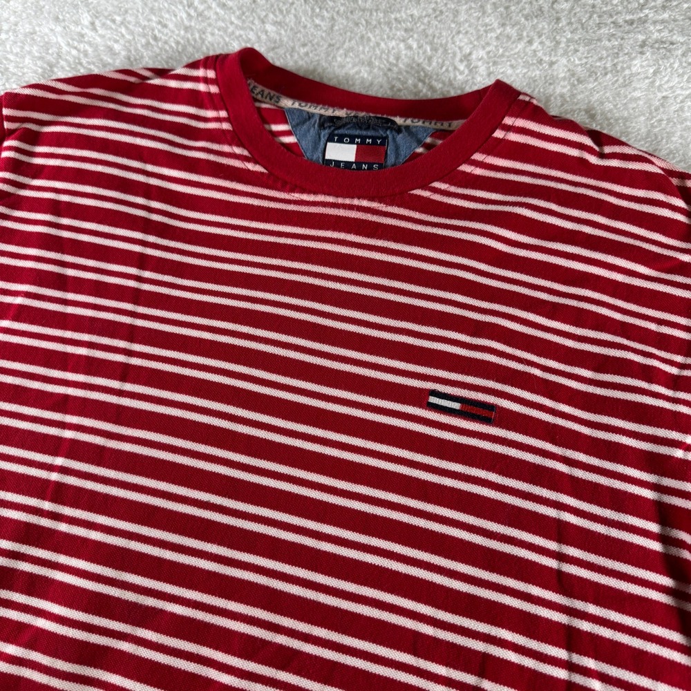 Y2K Tommy Jeans Hilfiger Red Striped V Neck Shirt‎ XL Logo Designer Men Clean
